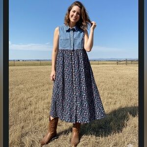 Cherokee Blue Denim Floral Midi Dress